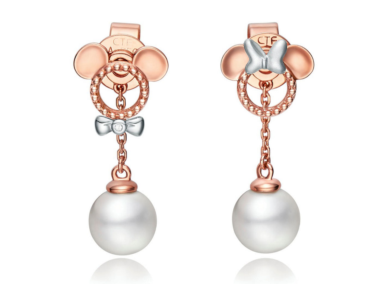 18K rose gold paired with white gold Mickey and Minnie pearl earrings, playful yet elegant.