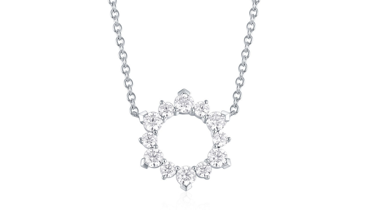 光芒四射的白金鑽石頸鏈，綻放如陽光般璀璨的鑽石光芒。