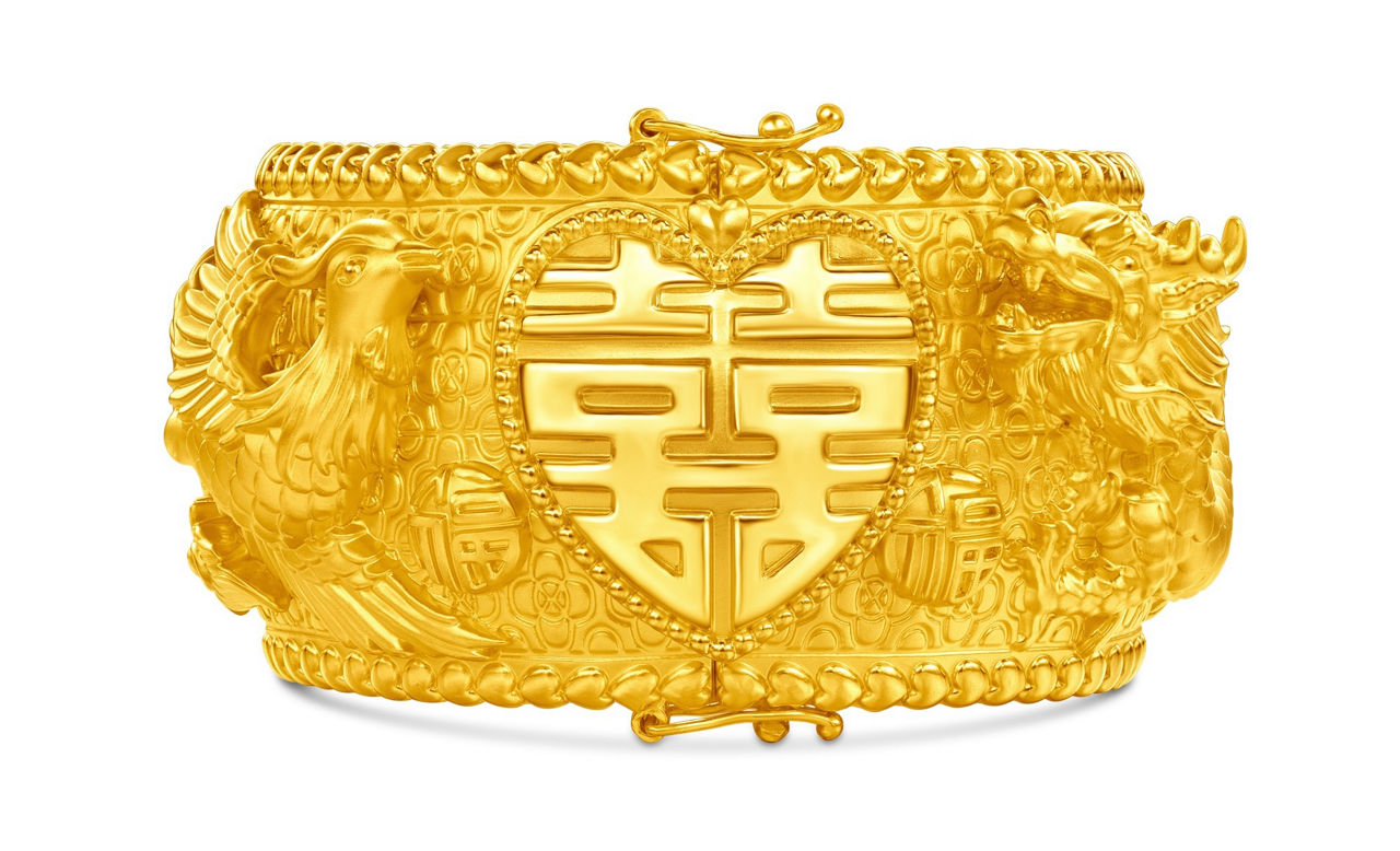 Heart-shaped Dragon & Phoenix Bangle, exquisitely engraved with Xi and dragon-phoenix motifs, blessing a "match made in heaven."