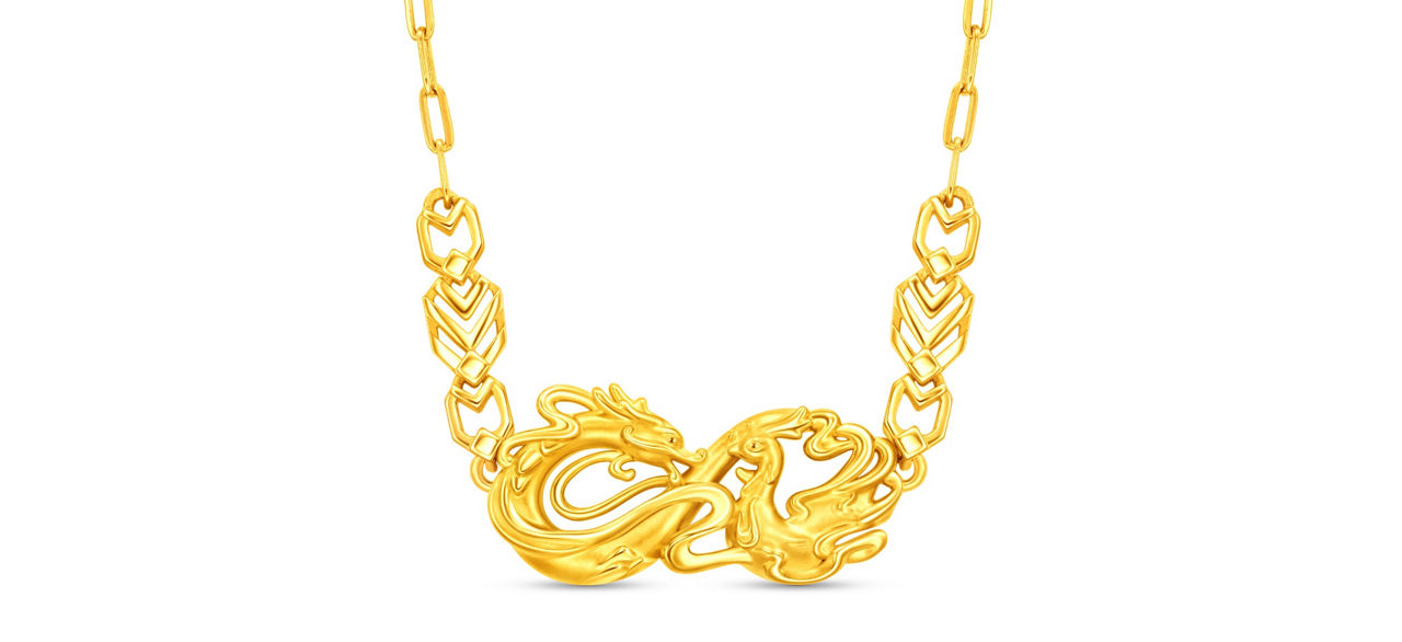 Bond To Love collection 999 gold necklace, featuring a dragon and phoenix circling each other, symbolising harmony and a blissful union.