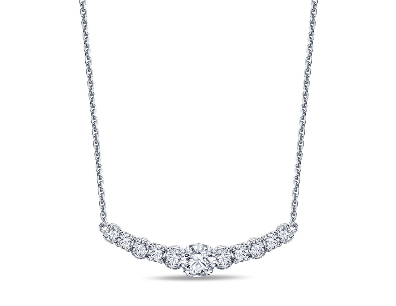 A classic diamond necklace featuring a central main diamond aligned with smaller diamonds.
